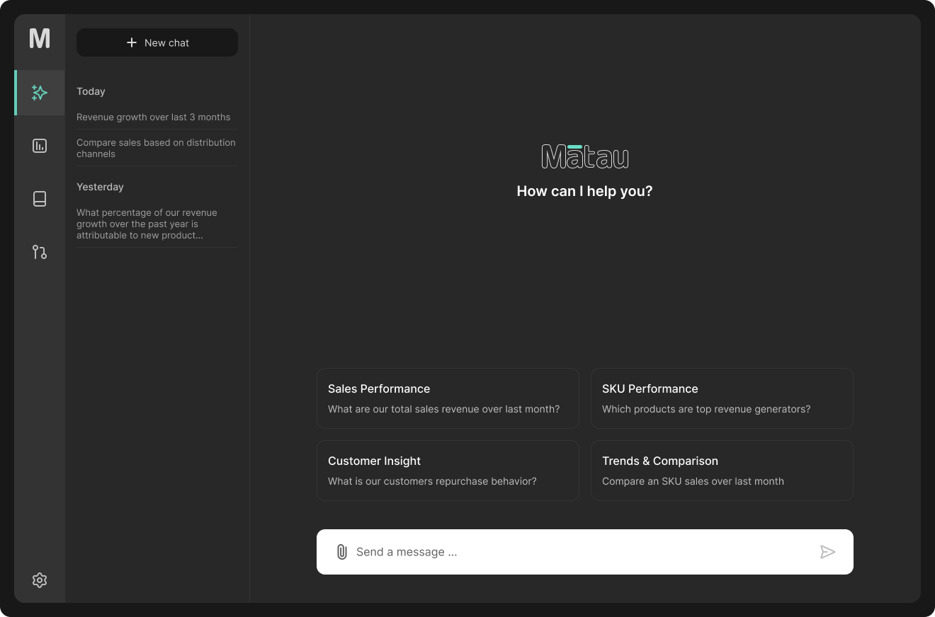 Meet Matau: Your AI insights assistant who answers questions about your business immediately by analyzing your data conversationally.